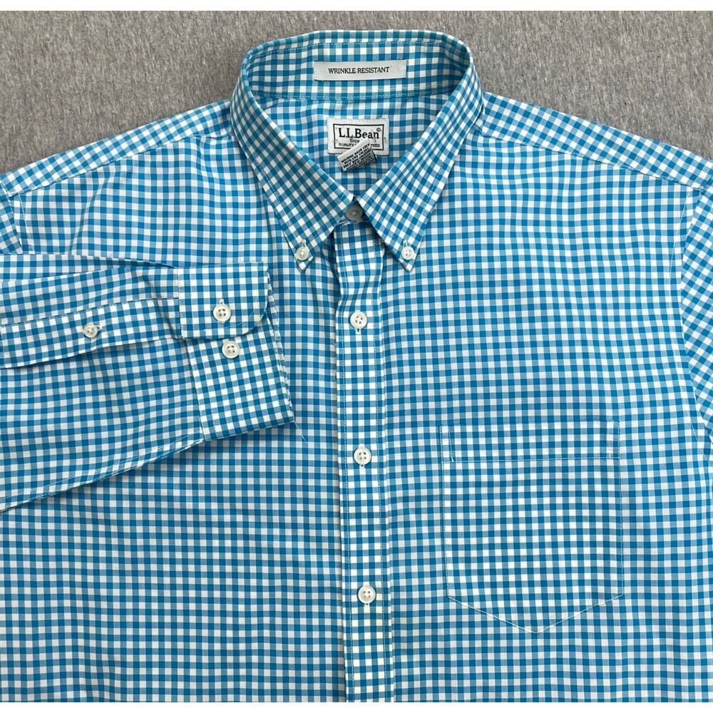 LL Bean Shirt Mens Medium Gingham 100% Cotton Wrinkle Resistant Button Down